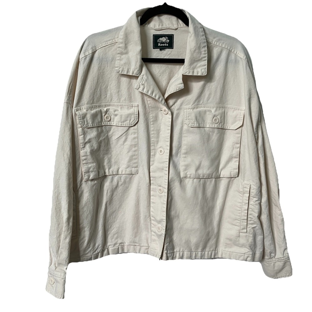 Roots Women Cream Cotton Linen Utility Chore Jacket Button Up Collared 03607